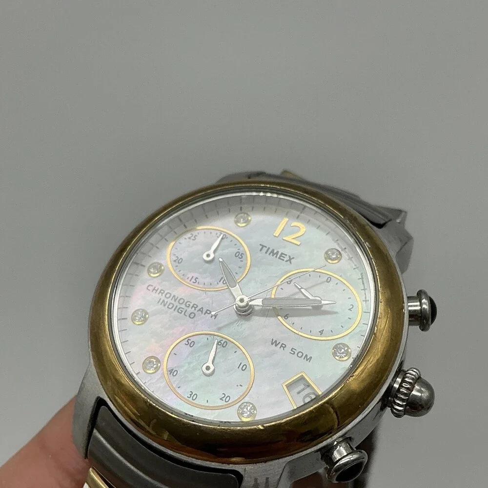 Timex Chronograph Indiglo Womens Watch 31mm MOP Date Two Tone New Battery